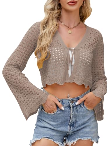 Image of Women's Crochet Tie Front Cardigan Cropped Knit Bolero Shrug Bell Sleeve