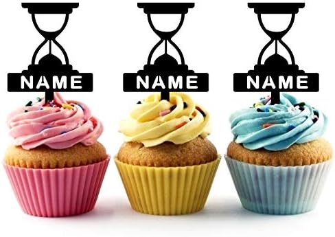 TA1003 Sand Clock Timer Silhouette Party Wedding Birthday Acrylic Cupcake Toppers Decor 10 pcs with Personalized Your Name