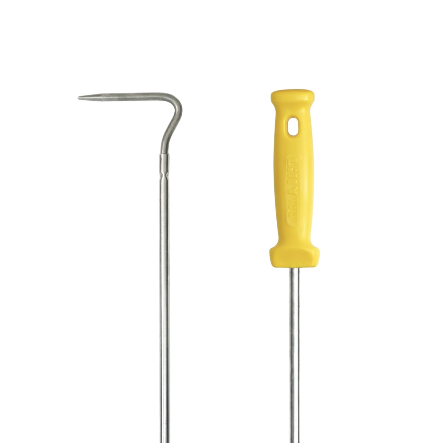 Gancio bucapizza in acciaio inossidabile 100% h. 135 cm. per pizze, J-forma, giallo, senza finitura, montaggio a soffitto, min. 0.5 kg, per metallo e mattone