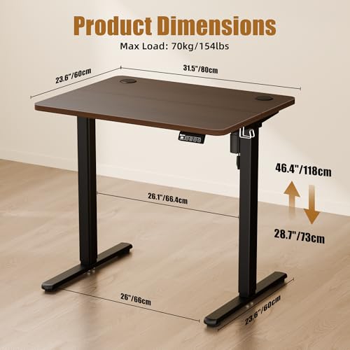 Image of ERGOMAKER Electric Height Adjustable Standing Desk 80x60cm (31 inchx23.6 inch), Sit Stand Desk with Splicing Top for Home Office (Black Frame + Black Walnut Desktop)