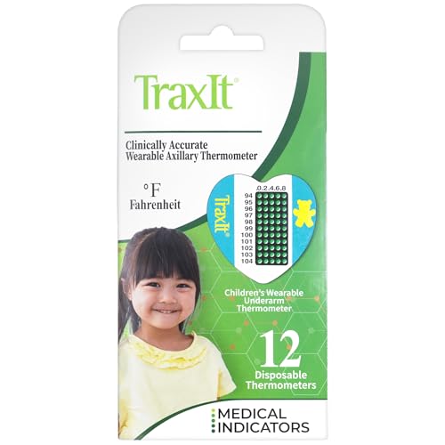 TraxIt Underarm Thermometer Sticker for Kids Babies 6+ Months (12-Pack Fahrenheit) Wearable for Up to 48 Hrs with Continuous Temperature Readings Battery Free Single Use Disposable Thermometer