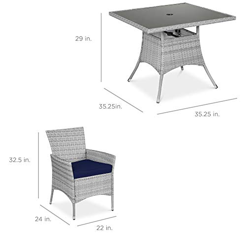 Best Choice Products 5-Piece Indoor Outdoor Wicker Dining Set Furniture For Patio, Backyard W/Square Glass Tabletop, Umbrella Cutout, 4 Chairs - Navy #TOP6