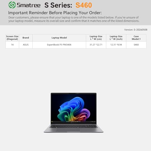 Image of Smatree SlimPro Laptop Case for 14 inch ASUS ExpertBook P3 PM3406 | Compatible for 14 inch ASUS ExpertBook P3 PM3406, Case with Accessory Pocket, Patented Super-Corner Design(S460)