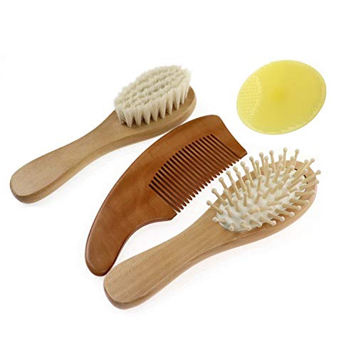 Baby Hair Brush Comb Set â€“ Natural Wooden & Soft Goat Bristles 4 Pcs Ideal Gift Set for Newborn Infant Toddler Kid Shower Scalp Grooming Prevent Cradle Cap Hair Massage Blood Circulation by G2eComme