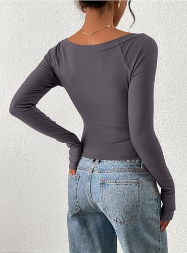 PRETTYGARDEN Long Sleeve Shirts for Women 2025 Fall Ruched Sides Boat Neck Basic Tee Casual Fitted Ribbed Knit Crop Tops