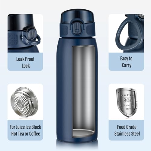 Image of Insulated Water Bottle 18 oz with Dustproof Lid, Carry Handle & Tea Infuser, BPA-Free & Leakproof, Stainless Steel Water Bottles Ideal for Fitness, Hiking, Office & Outdoor Use (Dark Blue )