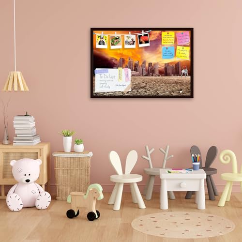 Image of ArtzFolio City Overlooking Desolate Desert | Bulletin Board Notice Pin Board | Vision Soft Board Combo with Thumb Push Pins & Sticky Notes | Dark Brown Frame | 18 x 12 inch (46 x 30 cms)