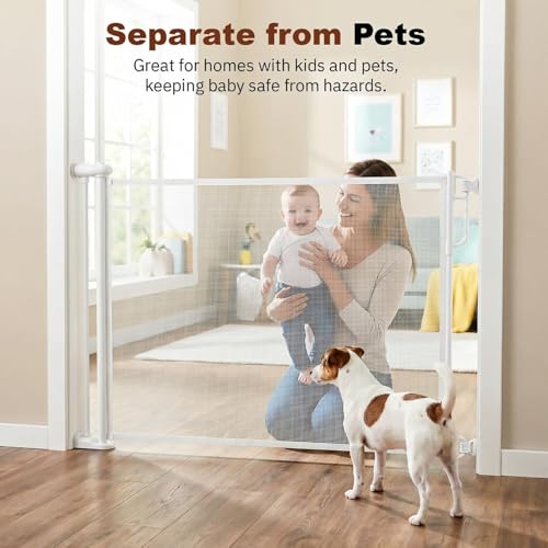 Image of Baybee Retractable Baby Safety Gate Fence for Kids & Pets | 140 cm Stretchable Mesh with Secure Childproof Lock | Foldable Drill-Mount Barrier for Door, Stairs & Kitchen (White)