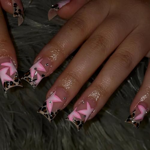 Image of Star Press on Nails Leopard Print Fake Nails French Tip Glue on Nails with Rhinestone Design Glossy False Nails Reusable Artificial Acrylic Full Cover Duck Stick on Nails for Women Manicure 24Pcs