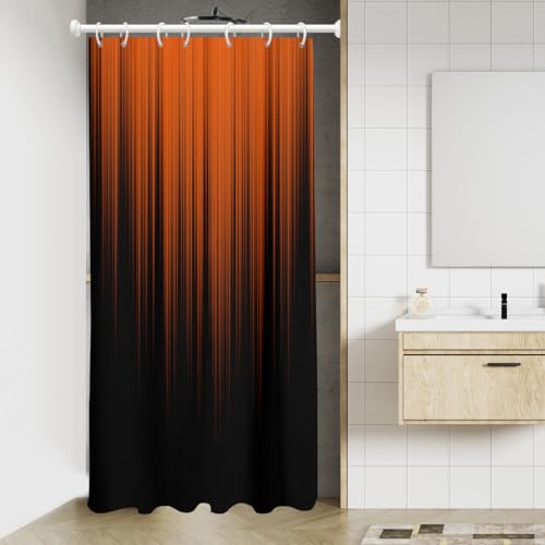 Image of AAtter Orange Black Ombre Shower Curtain, Small Stall 36x72 Inch, 7 Hooks | Terracotta Striped Polyester Fabric, Dark Modern Abstract Style, Cool Anime Design, Single Narrow Bathroom Decor for Men