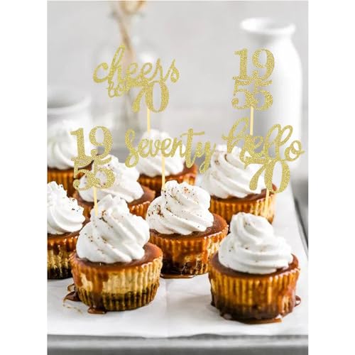 24 Stück Glitzer 70. Geburtstag Cupcake Topper, 70 Geburtstag Deko von 1955 für 70 Geburtstagsfeier Zubehör Party Dekoration Kuchendekoration (Gold)