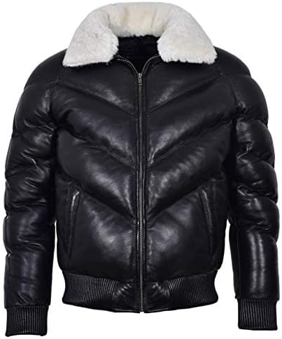 Men's Puffer Leather Jacket Black with White Collar WARM Bomber Real Napa LEATHER Jacket Ace Puffer