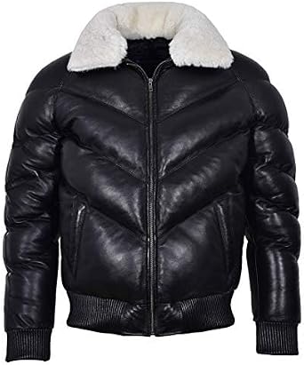 Mens Puffer Leather Jacket Black with White Collar WARM Bomber Real Napa LEATHER Jacket Ace Puffer