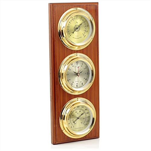Rectangular Weather Station On Wooden Antique Finish Base | Round Solid Polished Brass Style Dials with Numerical Display | Hygrometer + Wall Clock + Thermometer | Marine Wall Decor Retro Ideas