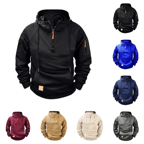 Tactical Hoodies for Men Quarter Zip Drawstring Pullover Cargo Hoodie Jacket Fall Long Sleeve Hooded Sweatshirt with Pockets3