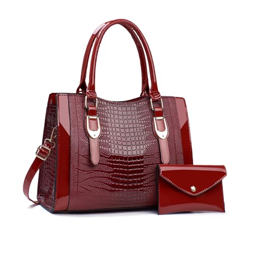 NICOLE & DORIS Sac à Main Femme Sac Fourre Tout Moyen Sac Bandoulière Cuir Verni Sac D'épaule Sac Ensemble avec Portefeuille pour Travail Shopping Voyage...