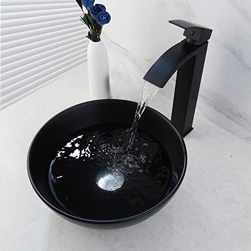 Washly 13\" Black Bathroom Ceramic Vessel Sink With Faucet And Drain Combo Above Countertop Round Bowl Sink Waterfall Faucet Mixer Tap Set - Thumbnail 4