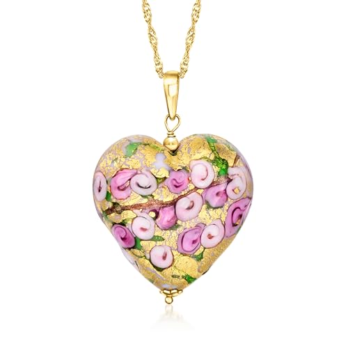 Ross-Simons Italian Multicolored Murano Glass Rose Heart Adjustable Pendant Necklace in 18kt Gold Over Sterling
