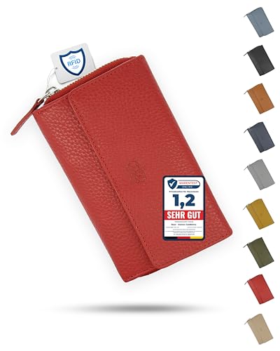 Baur Damen Geldbörse Echt Leder Geldtasche | Geldbeutel mit RFID Schutz | großes Portemonnaie viele Kartenfächer | Wallet mit Druckknopf & Reißverschluss Münzfach | Damen-Geldbörsen (Rot)