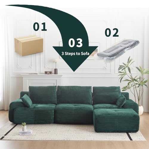 Image of L Shape Sofa Rearrangeable, Oversized Cloud Couch Sectional Modular Sofas with Detachable Ottoman, 4 Pillows and Deep Seat, Corduroy Boneless Couches Sets for Living Room, No Assembly Required, Green