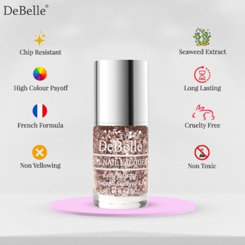 Image of DeBelle Gel Nail Polish Elite Tiffany(Rose Gold Flaky Glitter Top Coat Nail Paint)| Non UV - Gel Finish |Chip Resistant | Seaweed Enriched Formula| Long Lasting|Cruelty and Toxic Free| 6ml