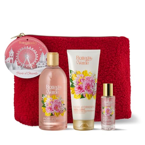 Bottega Verde - Fiori d'Oriente, Confezione Regalo con Bagnodoccia 400 ml, Eau de Toilette 30 ml, Crema Corpo 200 ml, in un Soffice Teddy Beauty Rosso, Idea Regalo