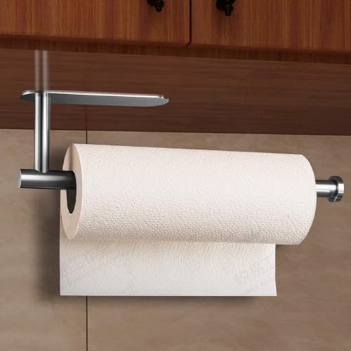 Paper Towel Holder Self-Adhesive or Drilling for Kitchen, Brushed Nickel Wall Mounted,Stainless Steel Roll Dispenser Under Cabinet Silver