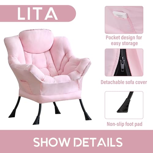 Image of LITA Lazy Chair with Armrests and Side Pocket, Modern Upholstered Accent Reading Chair for Living Room, Bedroom, Dorm, Small Spaces, Single Pink
