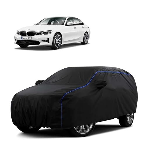 Image of Sulfar 100% Water Resistant Car Body Cover Compatible with Mirror for BMW 3 Series (Triple Stitched, Full Bottom Elastic, Black Tafetta with Blue Piping)