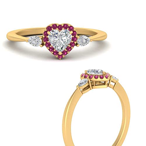 Image of 55Carat Choose Your Gemstone Halo Pear Accent Diamond CZ Ring Yellow Gold Plated Heart Shape Petite Engagement Rings Everyday Jewelry Wedding Jewelry Handmade Gifts for Wife US Size 4 to 12