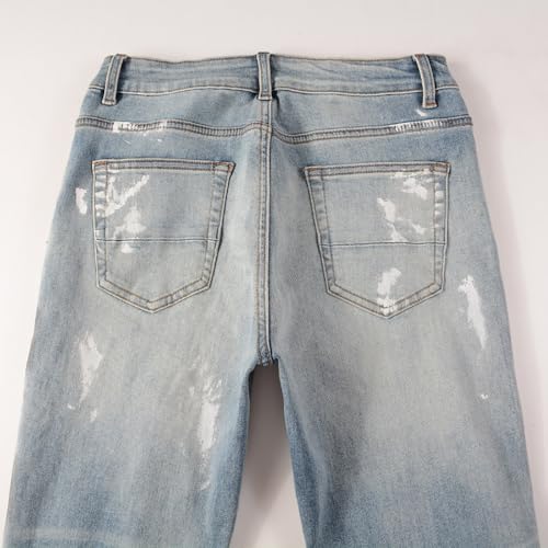 Mens Crystals Patched Jeans Skinny Splash Stretch Slim Distressed Ripped Graffiti Painted Rhinestone Stacked Pants2