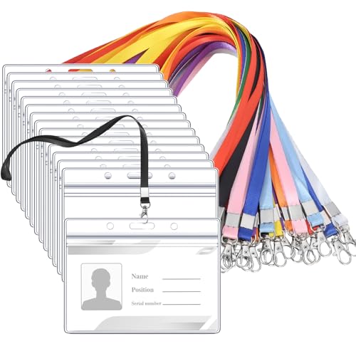 30 Pack Id Badge Lanyards with Clear Holders, Multicolor