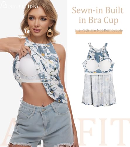 Image of Women Halter Tank Top with Built in Bra Flowy Sleevless Padded Camisole Loose Fit Summer Shirt Top S-3XL