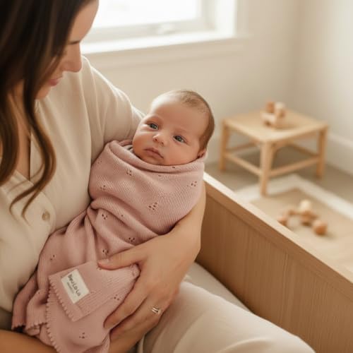 Image of 100% Luxury Organic Cotton Pointelle Knit Baby Quilt Blanket for Girls - Refined Lightweight Heirloom Nursery Essential (Pointelle - Ballet Slippers)