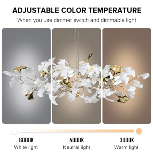 Image of Branch Chandelier Modern Gold Ceramic Ginkgo Leaf Chandeliers L47 Inch Brass Rectangle Chandelier Large Luxury Hanging Lights Fixture for Living Room Dining Room, 6-Light