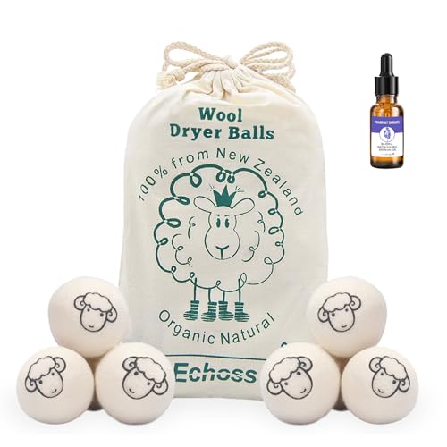Trocknerbälle für Wäschetrockner, Natürliche Weichspülern aus 100% neuseeländischer Premium Schafwolle Reduzieren Trocknungszyklus und Falten Reduzieren,6er Pack mit 1 ätherischen Ölen