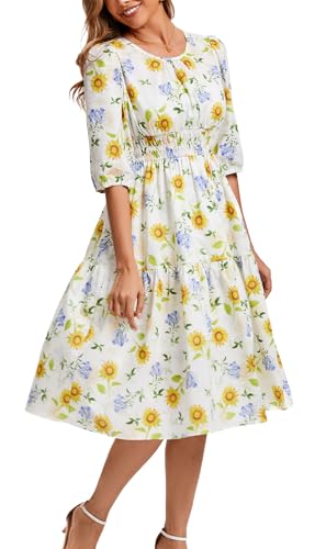 Image of Kormei Women Summer Casual Boho Floral Round Neck 3 /4 Sleeve Smocked Waist Tiered Flowy Swing Midi Dress L White /Yellow Floral