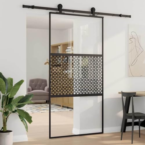 Puerta de cristal negra 90 x 205 cm, puerta corredera de aluminio con tope para puerta, diseño moderno para interiores, sistema deslizante que ahorra espacio, fácil de limpiar, ideal para conceptos de