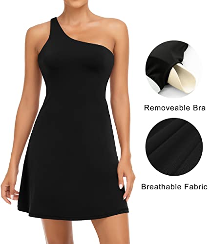 Jafinsy Women One Shoulder Workout Tennis Dress With Bra & Shorts For Exercise Golf Athletic Black #TOP2