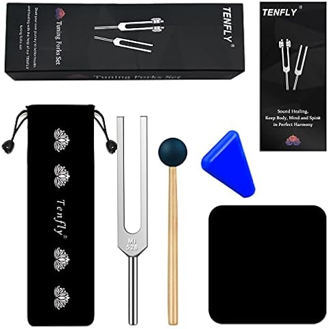 TENFLY 528 Hz Tuning Fork for Healing, DNA Repair, Reliever Stress and Perfect Musical Instrument, Frequency of Love, Silver, with Black Rubber Mallet, Triangular Silicone and Velvet Storage Bag Cover