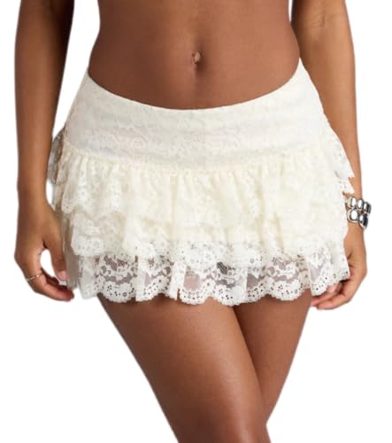 Women Y2K Ruffle Lace Mini Skirt Mesh Layered Tiered Short Skirts Low Rise Pleated Half Slip Skirt Going Out