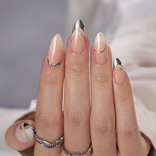 BTArtbox Press On Nails Almond - Silver Designs Stick on Nails Medium, Supremely Fit & Glossy False Nails with Glue in 15 Sizes - 30 Fake Nail Kit, Zoomers