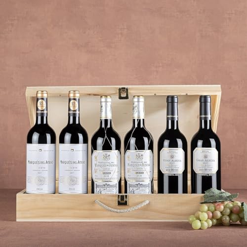 EUROLOTES Vino Tinto Rioja Reserva, Marqués de Riscal, Gran Albina y Marqués del Atrio, 6 Botellas x 750ml, Caja de Madera