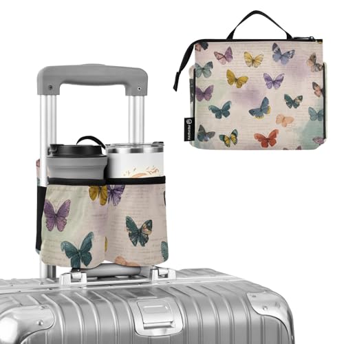 Image of Luggage Cup Holder for Suitcases Free Hands Suitcase Cup Holder Travel Luggage Drink Holder Portable Luggage Cup Caddy Bag Carrier with Handle Vintage Beige Butterflies