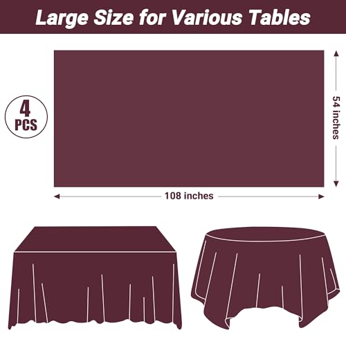 Image of 4 PCS Wine Table Cloth Rectangle Table, 54 x 108 Inches Waterproof Plastic Table Cloth Disposable, Picnic Table Cover for Baptism, Picnic, Restaurant, Wedding decor, Fits Rectangle and Round Tables
