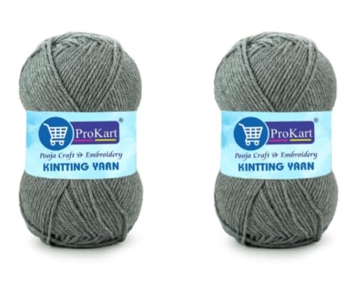 Image of ProKart Premium Woolen 4 ply Hand Knitting Wool Yarn | Fine Weight Knitted and Crocheted Soft Yarn for Sweater, Scarf, Hat, Baby Clothes, Baby Sports, Purse, Gift Bags & DIY Craft Accessories Projects (1 Ball /100 Gram Each) (Grey, 100gms x 2 Pack)
