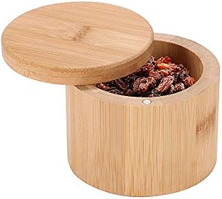 Spice Storage Box, Wooden Bamboo Salt Spice Storage Box with Swivel Lid Container for Kitchen Storage Seasoning Jar