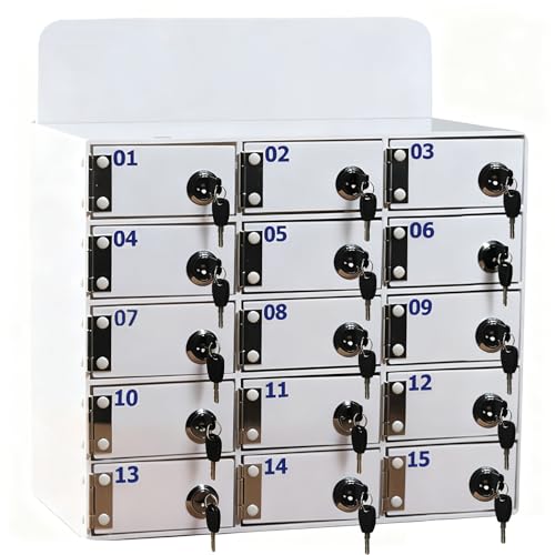 Kensbro Taquilla para Guardar Móviles, 15 Compartimentos Acrílico Caja Almacenamiento Personal, Caja Móviles con Cerradura Llave, Armario de Pared con Ranura Tarjetas, para Aulas y la Fábrica