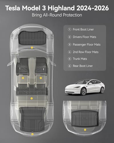 Image of 3W 6PCS Full Set Floor Mats for Tesla Model 3 Highland 2024-2026 | Floor Liner with Metal Pedal, Cargo Liner, Highland All Weather Custom Fit Rear Trunk Mat Model 3 Accessories, Black