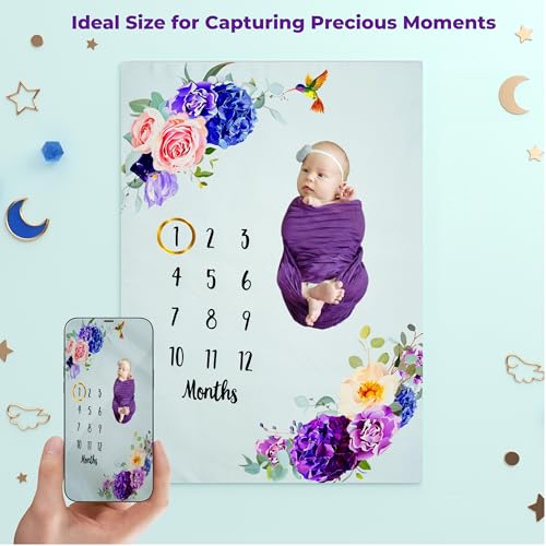 Image of Monthly Milestone Blanket Floral Humming Bird Design | 1-12 Months | Ultra-Soft & Skin-Friendly | Ideal for Newborn Boys & Girls | Perfect Baby Growth Tracker & Photoshoot Prop